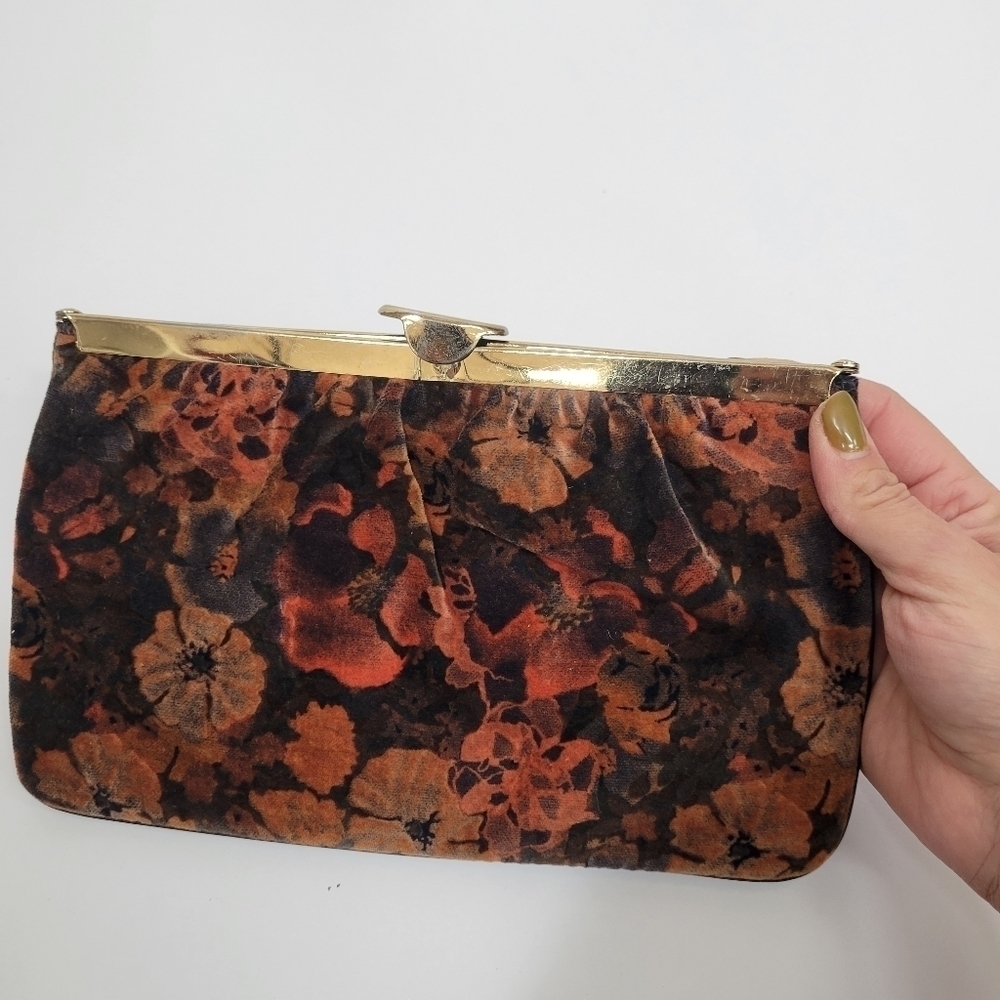VTG Floral Fabric Unique Opening Bag Clutch Brown Orange Black Flora Gold Strap - Picture 13 of 17